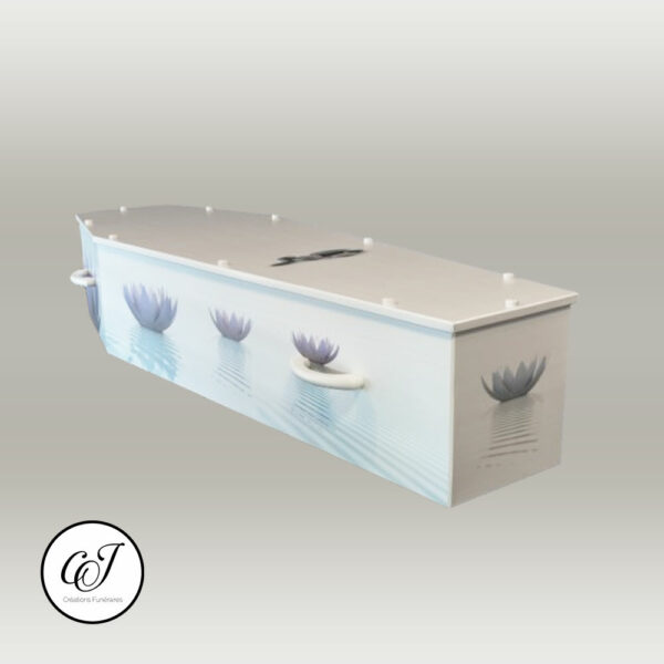 Cercueil modèle parisien en plaqué chêne avec motif fleur de lotus - CJ Créations Funéraires