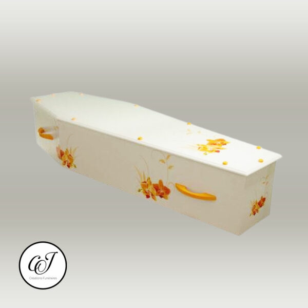 Cercueil modèle parisien en plaqué chêne avec motif orchidées couleur orange - CJ Créations Funéraires