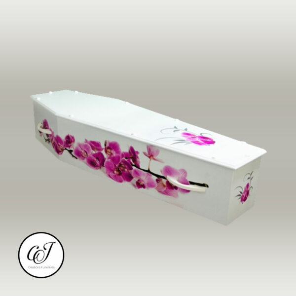 Cercueil modèle parisien en plaqué chêne avec motif orchidées couleur rose - CJ Créations Funéraires