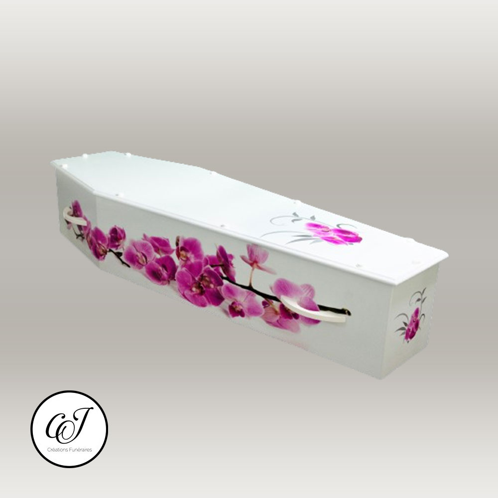 Cercueil modèle parisien en plaqué chêne avec motif orchidées couleur rose - CJ Créations Funéraires
