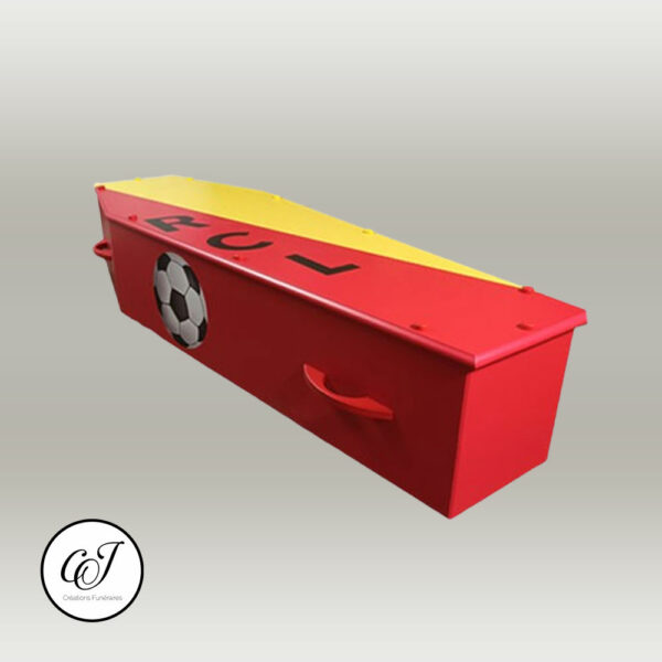 Cercueil modèle parisien en plaqué chêne avec couleur du Racing Club de Lens - CJ Créations Funéraires