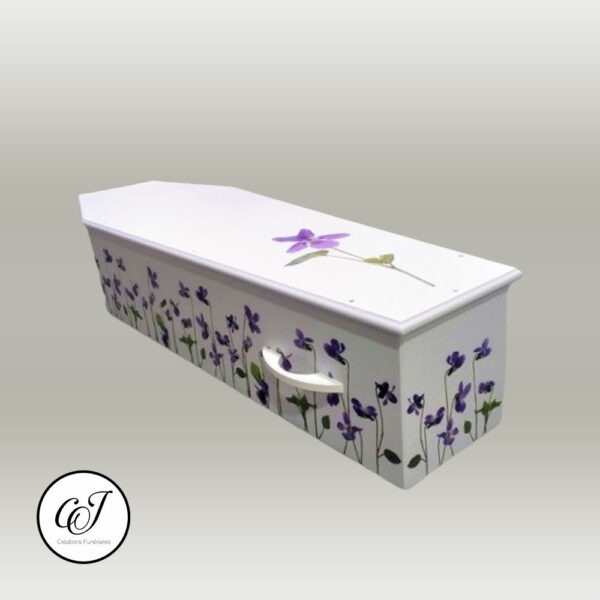 Cercueil modèle parisien en plaqué chêne avec des violettes - CJ Créations Funéraires