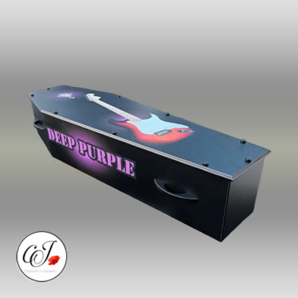 Cercueil modèle parisien en plaqué chêne avec motif guitare et inscription deep purple - CJ Créations Funéraires